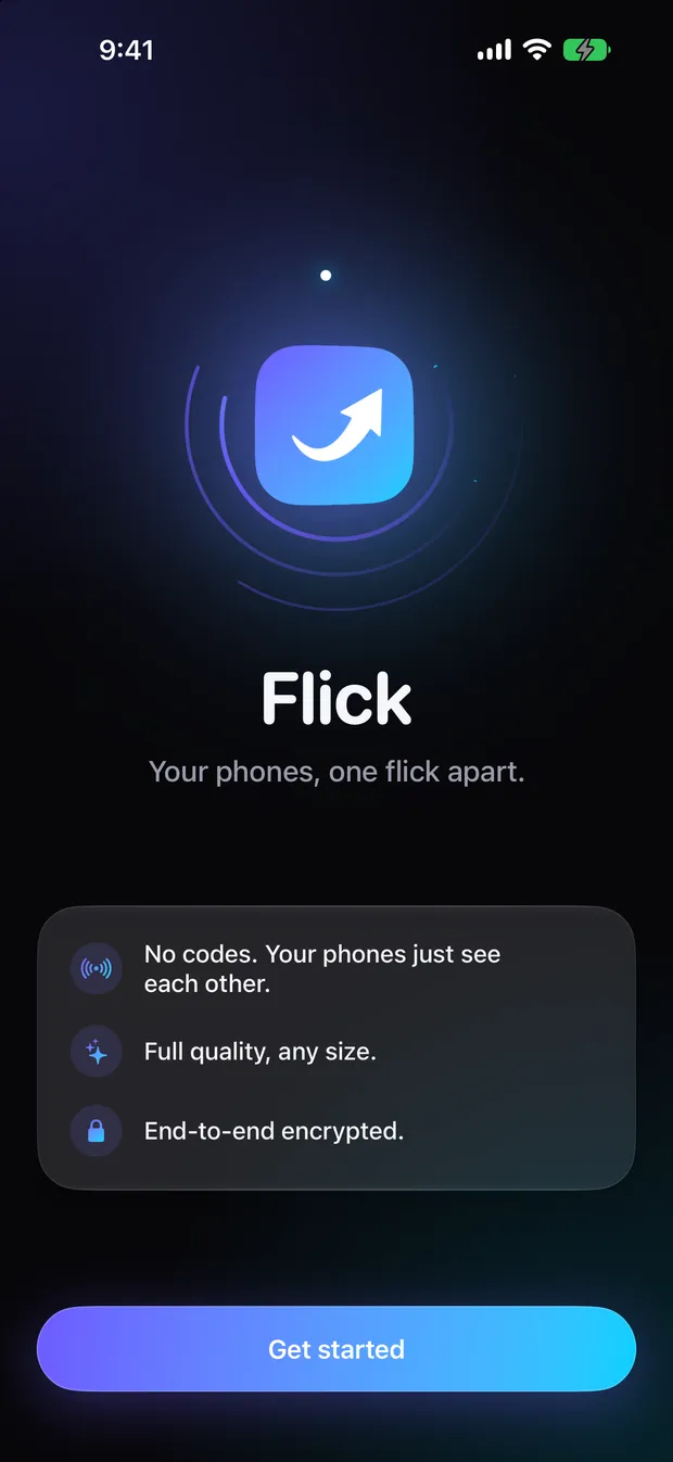 Flick welcome screen: Your phones, one flick apart.
