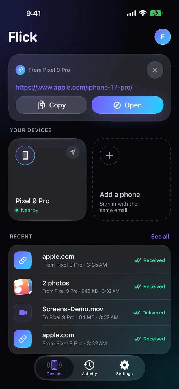 Flick on iPhone: the Devices screen with a Pixel 9 Pro tile marked Nearby and a list of recent transfers.