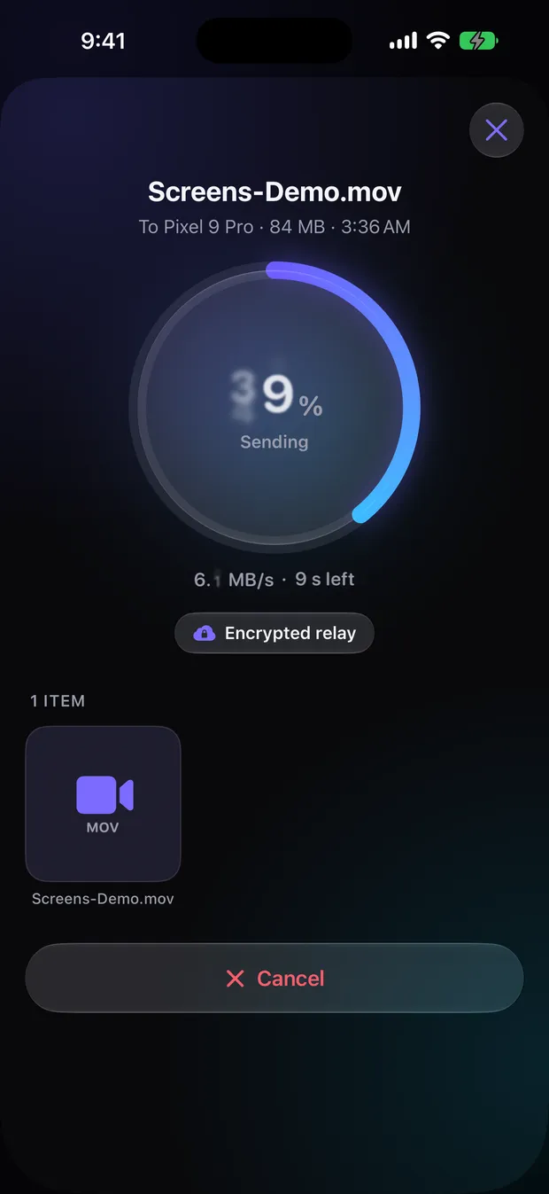 Flick sending a video: a progress ring at 39 percent, speed and time left, and an Encrypted relay chip.