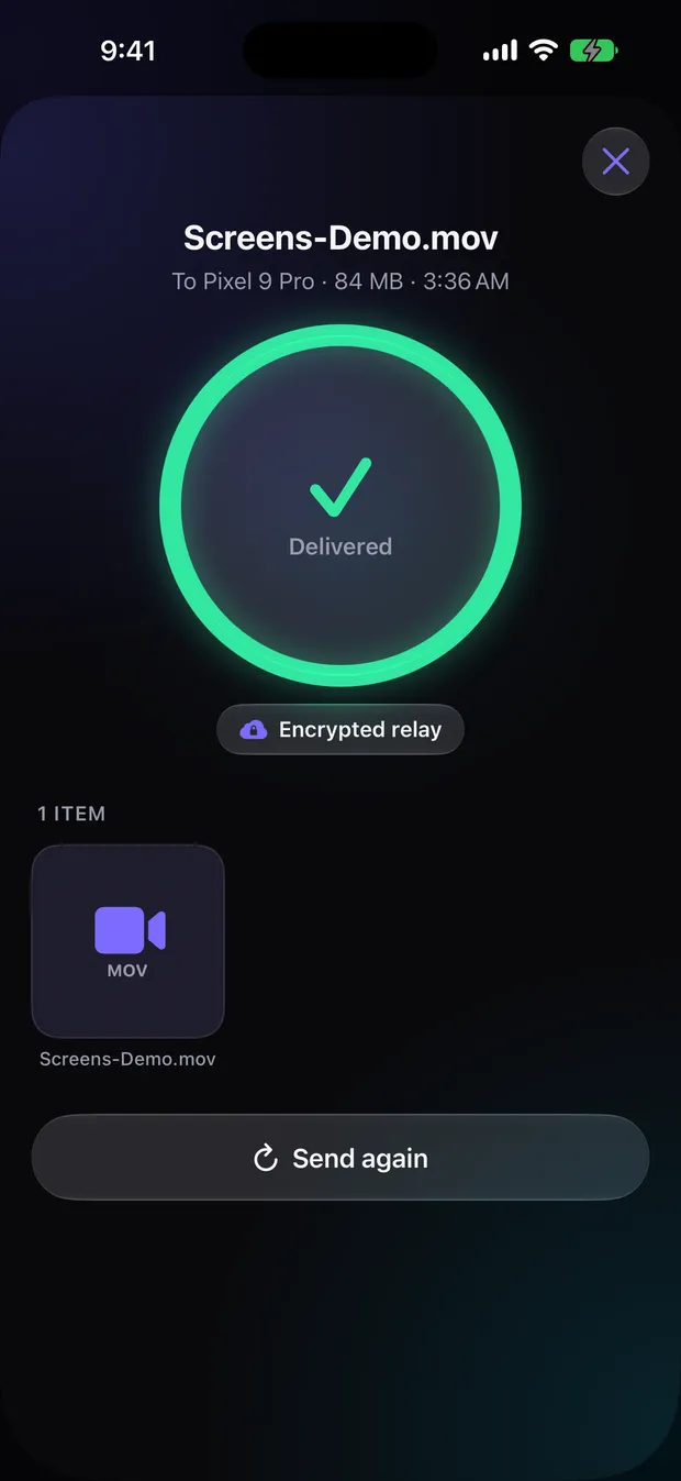 Transfer delivered: a green check in a ring and a Send again button.