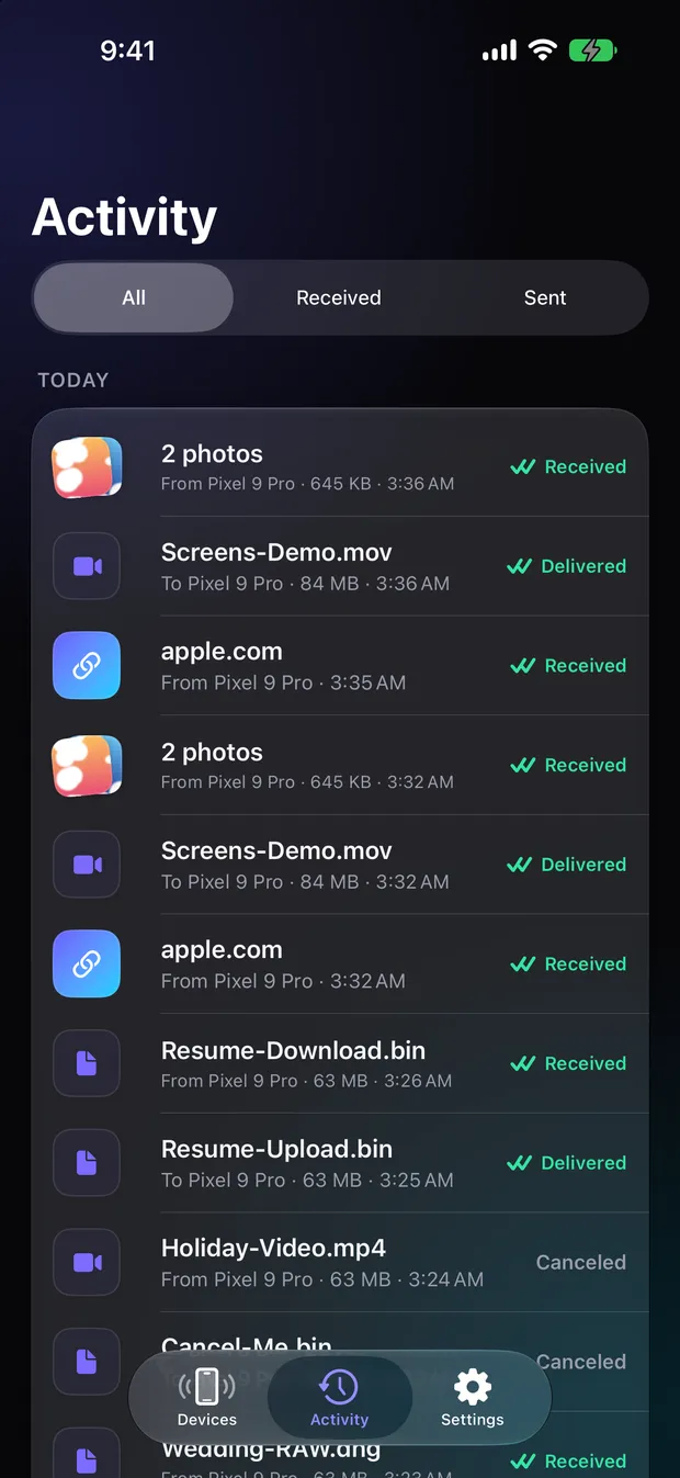 Activity: a list of received and delivered photos, videos, links and files, filterable by All, Received and Sent.