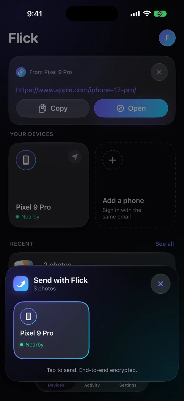 The Send with Flick share extension showing a Pixel 9 Pro tile.